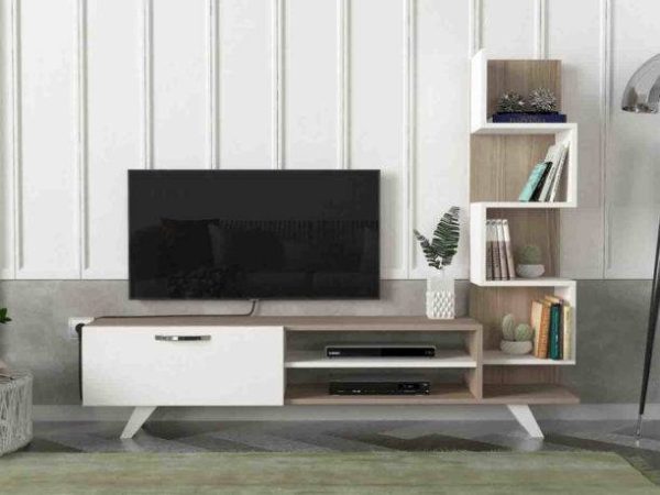 Meuble télévision 150 cm beige et blanc pieds en bois