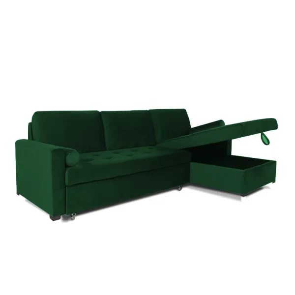 canapé convertible avec coffre vert foncé en velours, assises matelassées, coussinets décoratifs