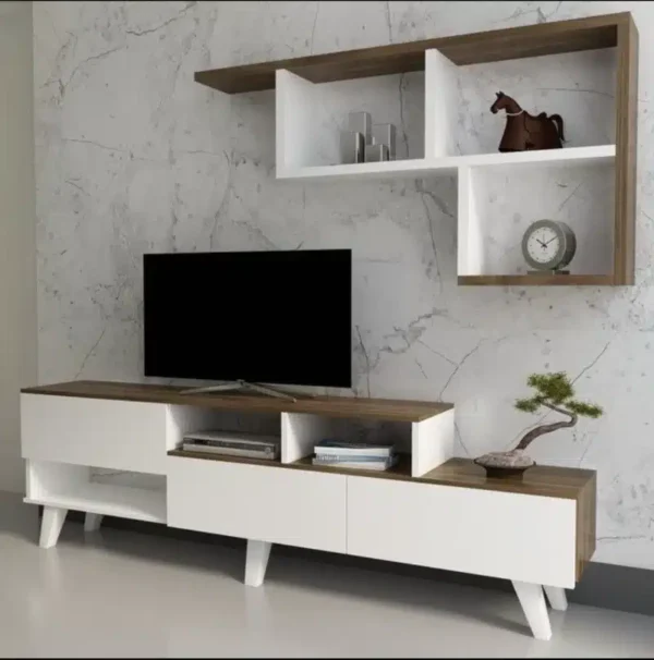 Meuble TV moderne Noura bicolore , noyer blanc scandinave