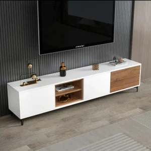 Table TV en MDF stratifié de couleur blanche socle métallique couleur alternée entre le blanc et la couleur noyer avec un style industriel moderne
