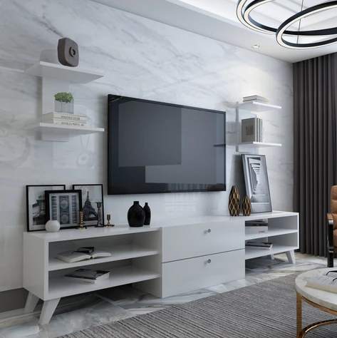 Meuble télévision blanc étagère tiroir au milieu design scandinave moderne