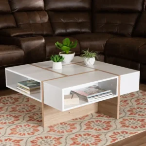 table basse carré beige et blanc pas cher