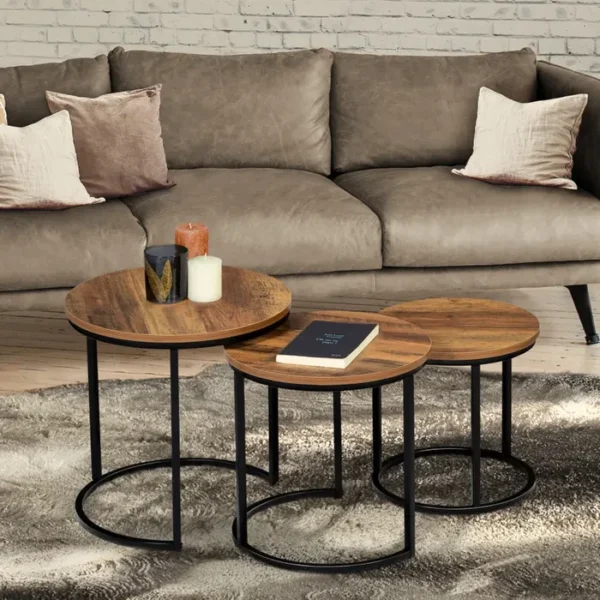 table basse gigogne triple plateau rond et socle métallique