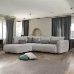 salon de coin en velours couleur gris