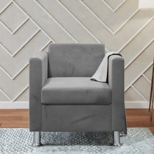 fauteuil Solène carré Gris clair carcasse bois rouge tissu velours