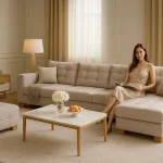 salon lumineux modèle 2025-2026 couleur beige carcasse bois rouge